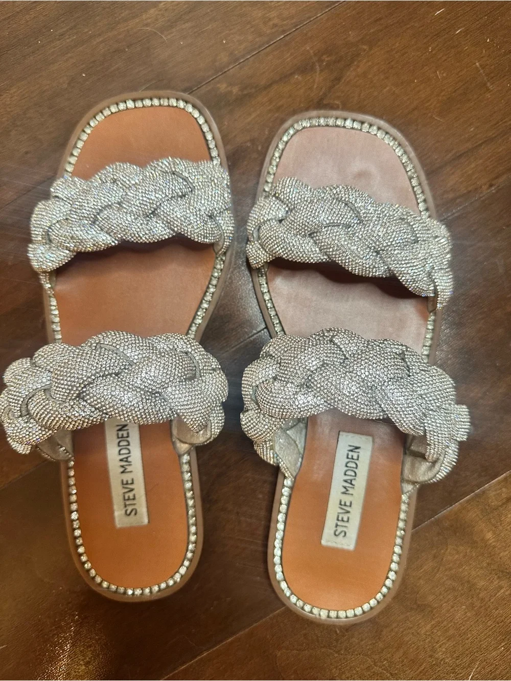 Steve Madden Braided Beaded Double-Strap Slide Sandals in Silver